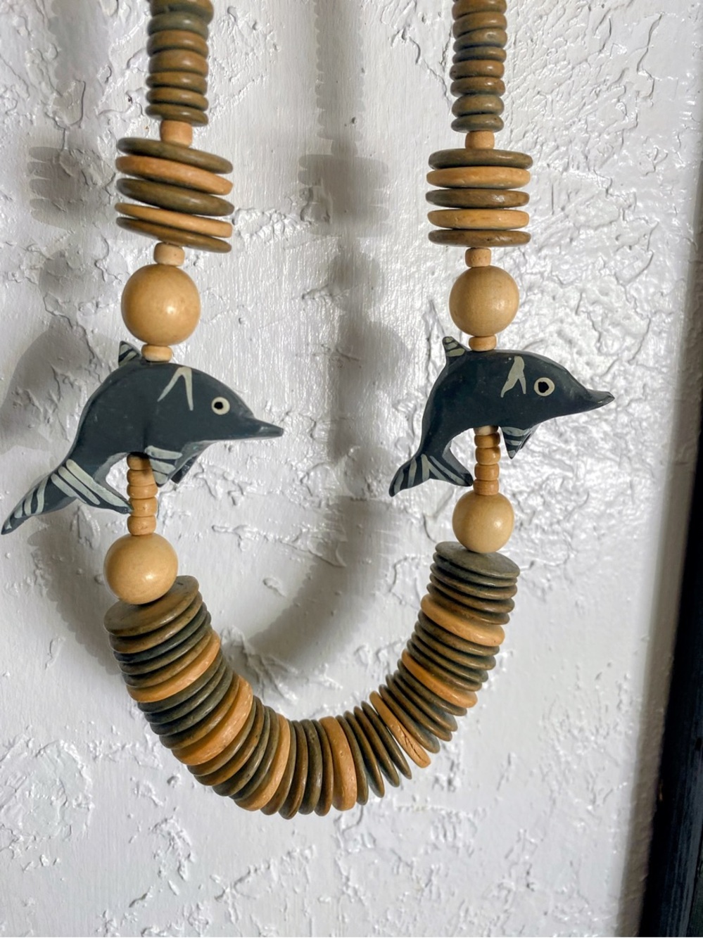 Vintage Wooden Dolphin Beaded 28” Necklace Gorgeous